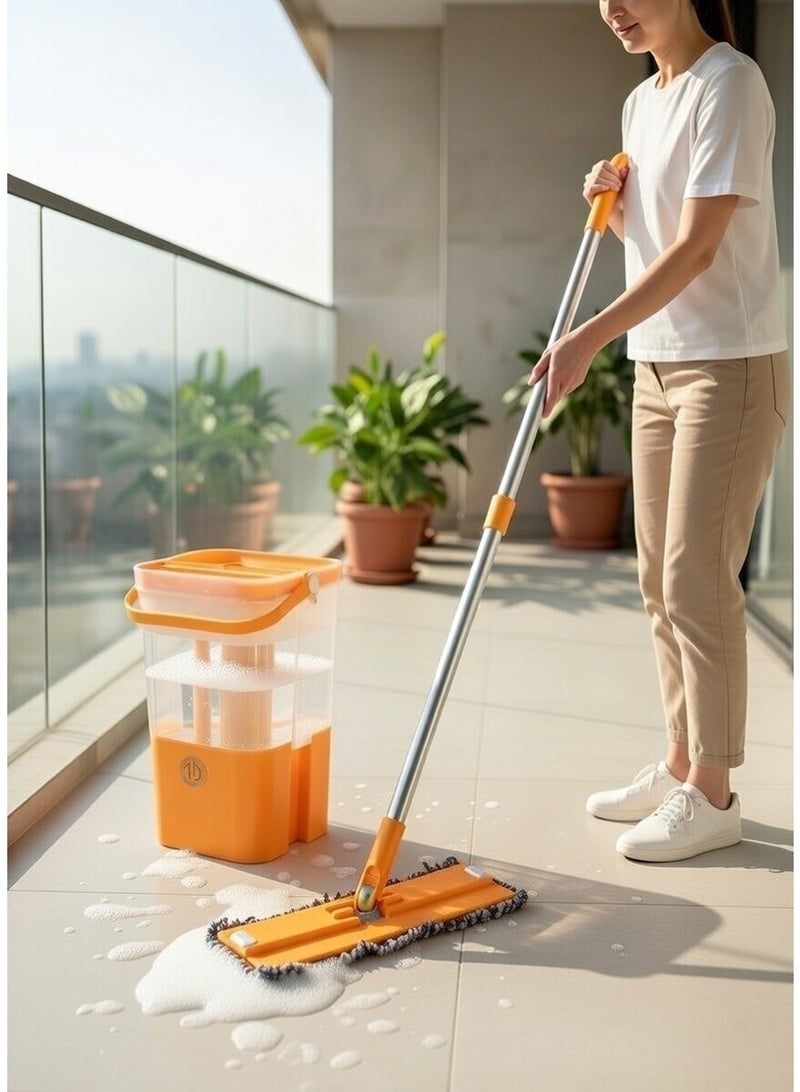 Smart anti-break cleaning bucket with flat mop and hands-free wringing system – orange - Image 3